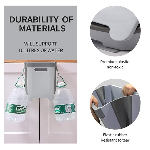 Hanging Collapsible Trash Can - 9L Wall Mounted Foldable Waste Bin for Kitchen Cabinet Door - Quickly Clean Counter, Sink, Bathroom - RV, Car, Camping Folding Garbage Basket (Gray)
