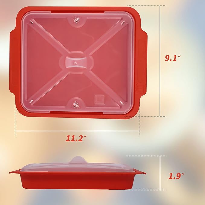 MMUGOOLER Microwave Easy Bacon Maker/Cooker with Lid, Safety, Quick and with No Mess, 11.3“ L x 9.0" W x 2.4" H- Red
