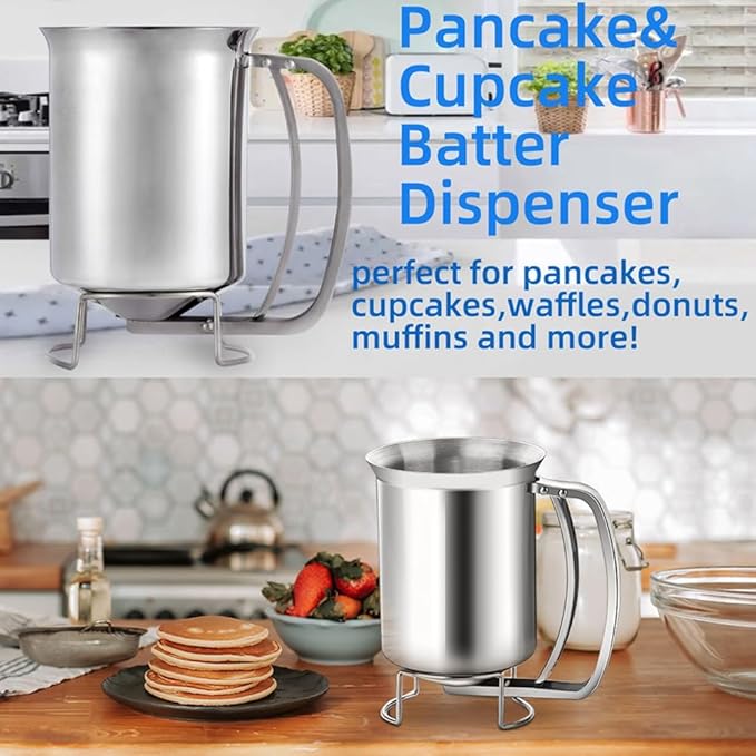 Premium Stainless Steel Batter Dispenser for Pancakes, Cupcakes, Cookies, Waffles & More - 900ML Handheld Pourer with Stand, Squeeze Handle, Unbreakable, Perfect for Various Baking (Stainless Steel)