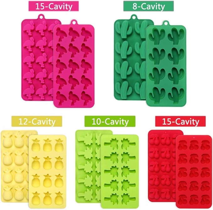 Fewo 5 Pack Hawaiian Tropical Themed Ice Cube Tray Summer Silicone Molds for Chocolate Candy Gummy Fruit Snack Fat Bomb Jello Mini Soap Crayon Melt (Cactus Pineapple Flamingo Coconut Tree Cherry)