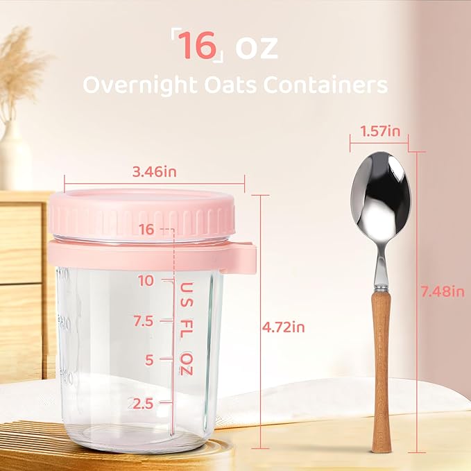 HomArtist Glass Overnight Oats Containers with Lids and Spoon, 16oz Wide Mouth Mason Jars for Overnight Oats, Cereal, Yogurt, Salad Lunch Container with Measurement Marks - MultiColor 4 Pack