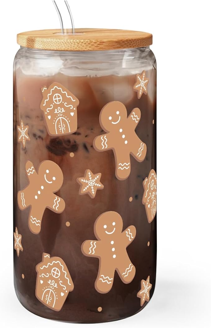 SANDJEST Gingerbread Christmas 16oz Can Glass Tumbler with Bamboo Lid & Straw - Iced Coffee Cup for Women Girls, Aesthetic Cups Gifts for Xmas