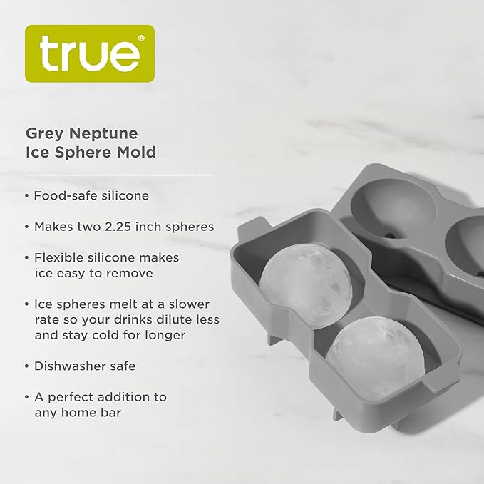 True Sphere Ice Tray, Silicone Mold for 2.25 Inch Extra Large Ice Balls, Easy to Release, Perfect for Whiskey, Bourbon, Cocktails, Mixed Drinks, Bar Cart Accessories, Home Bar Gifts, Set of 1, Grey
