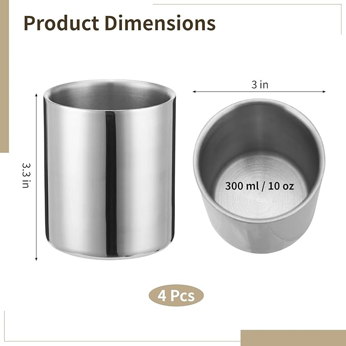 Joyibay 4 Pcs Stainless Steel Whiskey Glass Set, 300 ml Double Walled Insulated Tumbler, Unbreakable Old Fashioned Drinking Cup, Metal Cups for Drinking, Ideal for Bourbon Scotch Cocktails