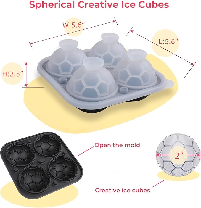 Large Ice Cube Tray,Silicone Ice Cube Trays for Freezer with Lids & Funnel,2.5 Inch Reusable Big Round Ice Cube Mold Ball Maker for Gifting,Whiskey,Cocktails and Drinks,Easy Release (Soccer Ball)