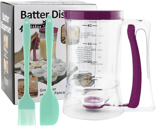 Pancake Batter Dispenser with Squeeze Handle, Cupcake Batter Dispenser with Oil Brush & Scraper for Precise Portion Control, Baking Tool for Pancakes Cupcake, Waffle, Muffin Mix (Purple)