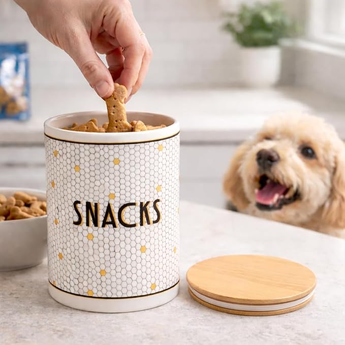 Pearhead Ceramic Dog Treat Jar with Wooden Lid – Bistro Tile Dog Biscuit Container for Countertop, Airtight Stoneware Pet Treat Storage Canister for Puppy Treats & Training Rewards