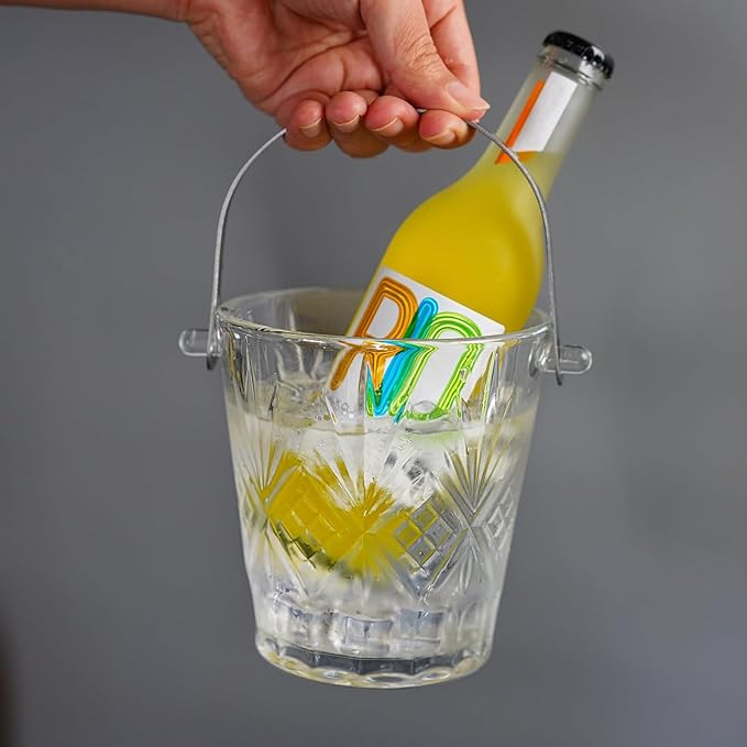 Clear Glass Ice Bucket with Ice Tong and Handle 33.8 oz Crystal Ice Cube Busket Cocktail Bar Champagne Bucket for Parties Wine Accessory