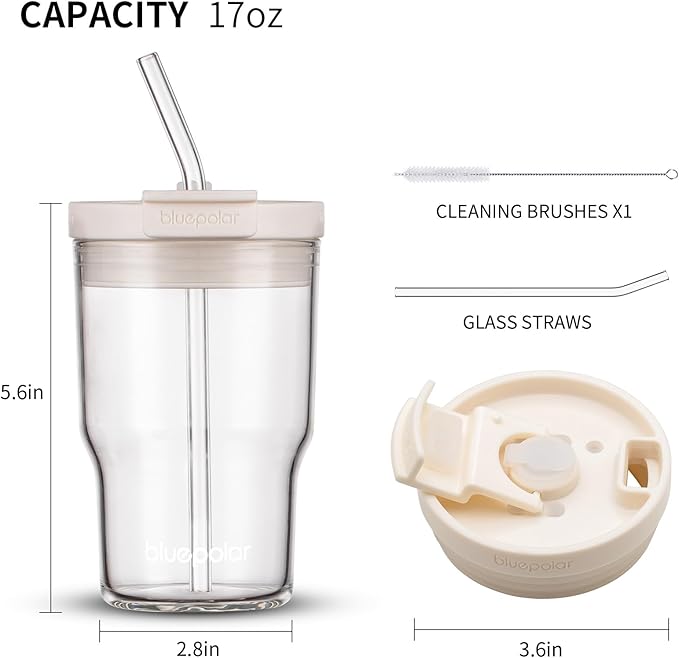 BLUEPOLAR 16oz/480ml Iced Coffee Cups With Lids And Straws,Reusable Leakproof Glass Tumbler,Water Bottles,Cold Brew,Drinking Jars For Juicing,Matcha,Tea,Smoothie For Travel,Office (Off-White)