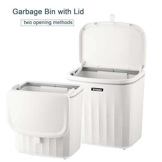 Good Looking Hanging Small Trash Can with Lid, Thick Kitchen Compost Bin for Counter Top or Under Sink, Wall Mounted Waste Basket Bin Garbage Can for Bathroom (Ivory White)