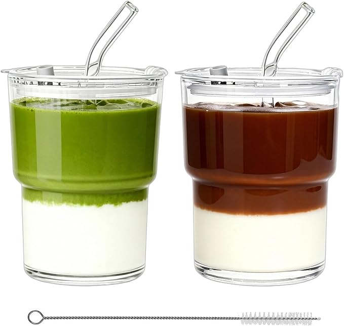 Glass Tumbler with Lid and Straws, Resuable Ice Coffee Cups, Thickened Drinking Glass to Go Cups for Water, Smoothie, Matcha, Iced Tea Fruit Juice, Cold Beverage, Clear, 13oz, Set of 2