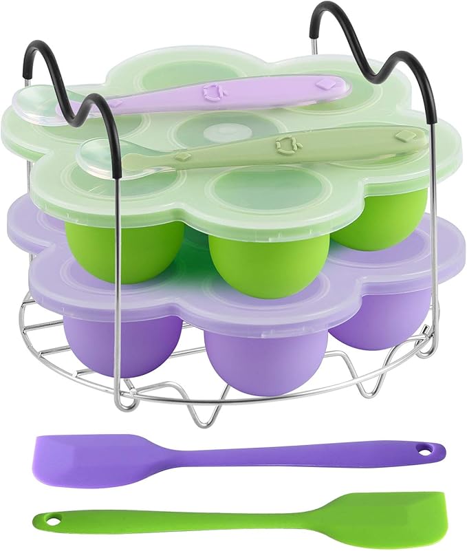 ROTTAY Silicone Egg Bites Molds and Steamer Rack Trivet with Heat Resistant Handles Fit Instant Pot Accessories, 7pcs set for 6qt & 8qt Electric Pressure Cooker With 2 Spoons and Silicone spatula