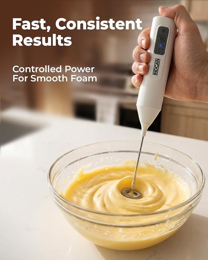 INDCAN Rechargeable Milk Frother Handheld, Electric Coffee Frother Wand with Stainless Steel Stand, 3-Speed Foam Maker with 2 Whisks, USB-C Drink Mixer for Latte, Cappuccino, Matcha (Elite, White)