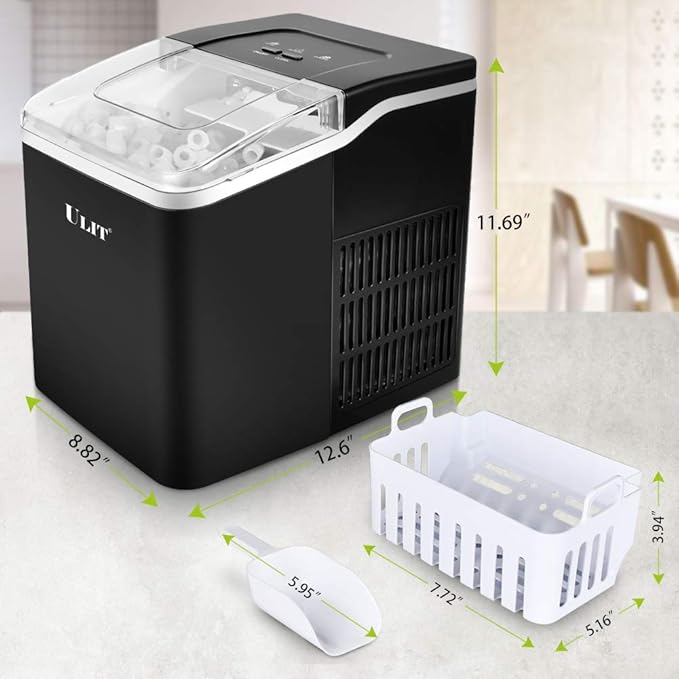 ULIT Portable Ice Maker,Ice Maker Machine for Countertop, Self-Cleaning Function Ice Cube Maker,Make 26 lbs Ice in 24 hrs, 9 Ice Cubes Ready in 8 Minutes,with Ice Scoop and Basket(Black)