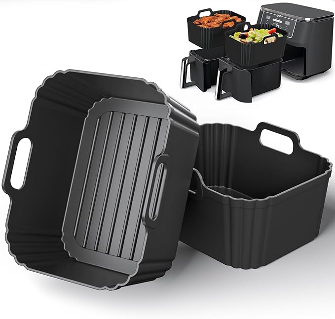 10QT Large Thickened Silicone Air Fryer Liners 2 Pack for Ninja Foodi Dual Zone DZ550 DZ401 DZ550GY DZ302, Reusable 2-Basket Trays, 6-in-1 DualZone Airfyer Accessories
