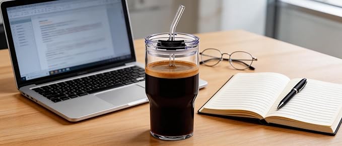 BLUEPOLAR 470ml/16oz Ribbed Glass Tumbler with Straw and Lid, BPA-Free Reusable Iced Coffee Cups with Lids, Thickened Coffee Tumbler for Office/Travel/Car (18oz)