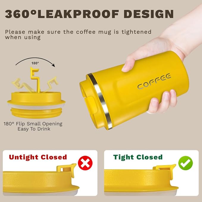 SPLMIFA Travel coffee mugs leak-proof, reusable coffee cup with lid, stainless steel vacuum insulated coffee tumblers, thermal insulation cups for men & women keep drinks hot & cold (2nd-Yellow, 12OZ)