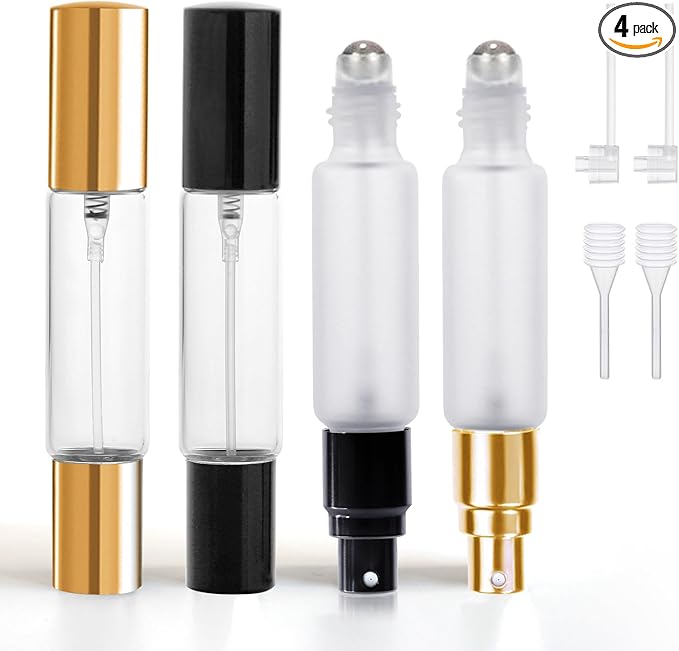 YOCASII 4PCS Dual End Bottle Set — Refillable Roll On Bottles for Essential Oils and Travel Spray Bottle Combo, Portable Perfume Atomizer & Roller Bottles for Castor Oil and Perfume