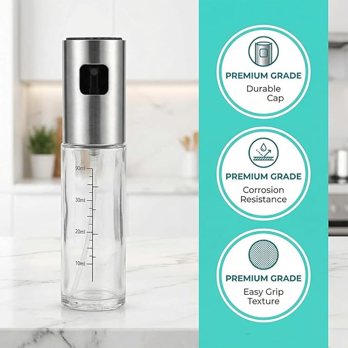 Oil Sprayer Mister, 100ml Glass Bottle with Continuous Spray for Cooking, Salads, BBQ, Baking, Air Fryers, Portion Control Kitchen Dispenser