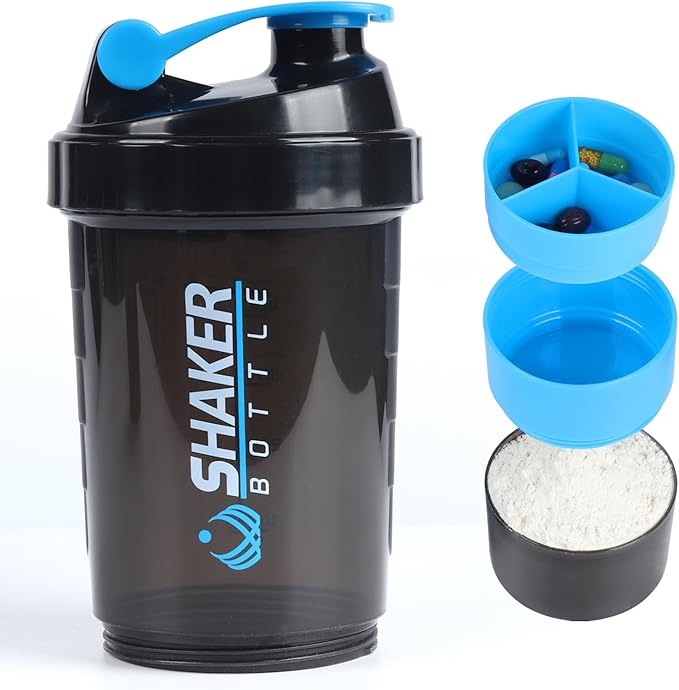 Protein Shaker Bottle,Sports Water Bottle,Leak Proof Shake Bottle For Protein Mixer,Non Slip 3 Layer Twist Off 3oz Cups with Pill Tray,Workout Shaker Bottle 16oz,Blue