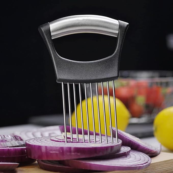 Onion Cut Tomato Slicer Lemon Handy Kitchen Slicing Tool With 10 Even Prongs For Onion Lemon Potato Tomato Slices And Can Be Used To Assist In Cutting Fish, Meat Or Loosen Meat (Black)