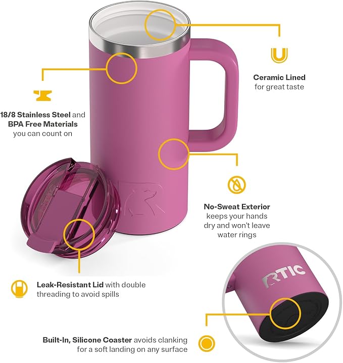 RTIC 16oz Road Trip Travel Mug with Lid and Handle, Ceramic Lined, Insulated, Stainless Steel, Metal, Double Wall Vacuum-Insulation, Portable Coffee, Tea Cup for Hot and Cold Drink, Orchid
