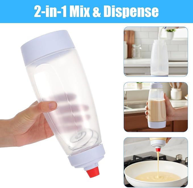 2-Pack Pancake Batter Dispenser and Mixer Bottles with Whisk Balls, 1000ml Large Capacity Squeeze Bottle for Pancakes, Cupcakes, Muffins, Crepes - Dishwasher Safe Baking Tool