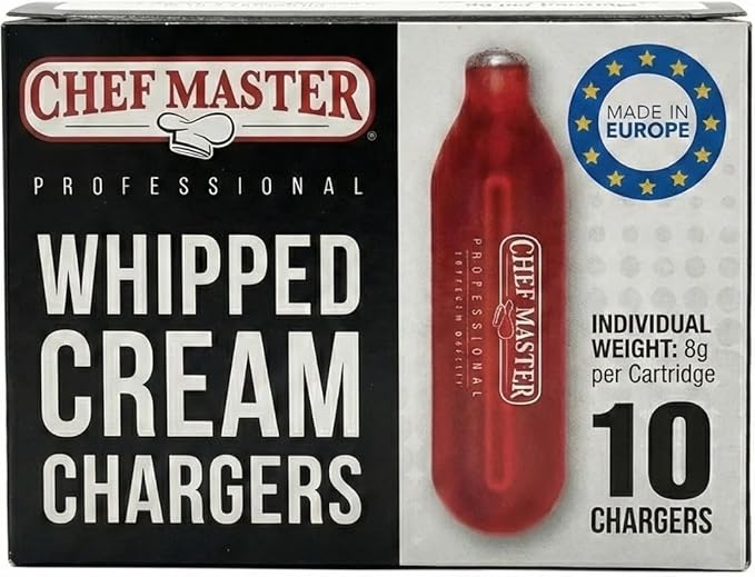 Chef Master 10 Pack N20 Whipped Cream Chargers - 8g Professional Nitrous Oxide Cartridges - Premium Whip Cream Charger Cartridge - Made in EU - Food-Safe Steel & Universal Fit for Dispensers - 90060