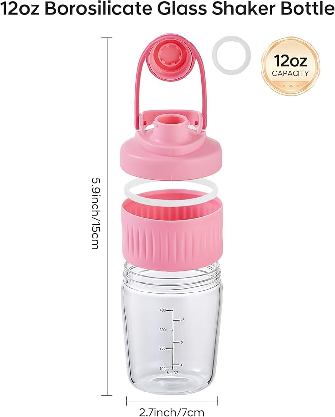 12oz Glass Shaker Bottle for Protein, Small Borosilicate Glass Protein Powder Leak-Proof Shaker Cup Mixes with 304 Blending Ball(12oz,Pink)