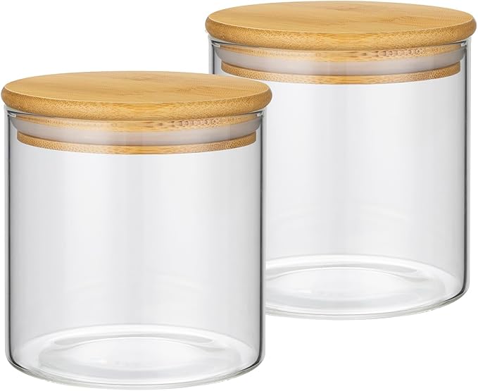 2PCS Small Glass Storage Jars with Airtight Lids,18 fl oz (550ml) Cute Clear Storage container with bamboo Lid,Glass Pantry Canister for Beans, Rice,Sugar,Cookie Coffee (N-Clear-2PCS-18FL OZ/550ML)