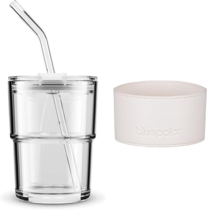 BLUEPOLAR 13 oz Tumbler Water Glass, Water Bottle with Straw and Dustproof Lid, Coffee Ice Cup Double Wall Insulated Glass Cup (White with Protect Sleeve)