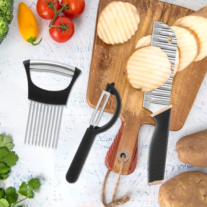 Crinkle Cutter with Onion Holder for Slicing and P-type Peeler, Stainless Steel Wavy Slicer with Handle, Crinkle Cutter for Veggies, Potatoes(COLOR:Black)
