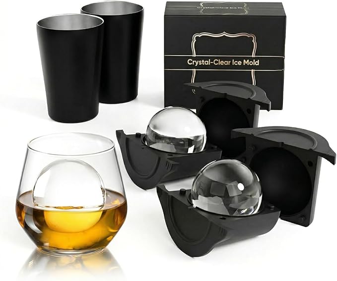 Clear Ice Cube Maker 2.5 Inch, Sphere Ice Ball Molds for Whiskey, Stainless Steel Clear Ice Mold with Non-BPA Silicone, Easy-Release Round Ice Cube Tray for Cocktails Bourbon (2 Pack, Black)