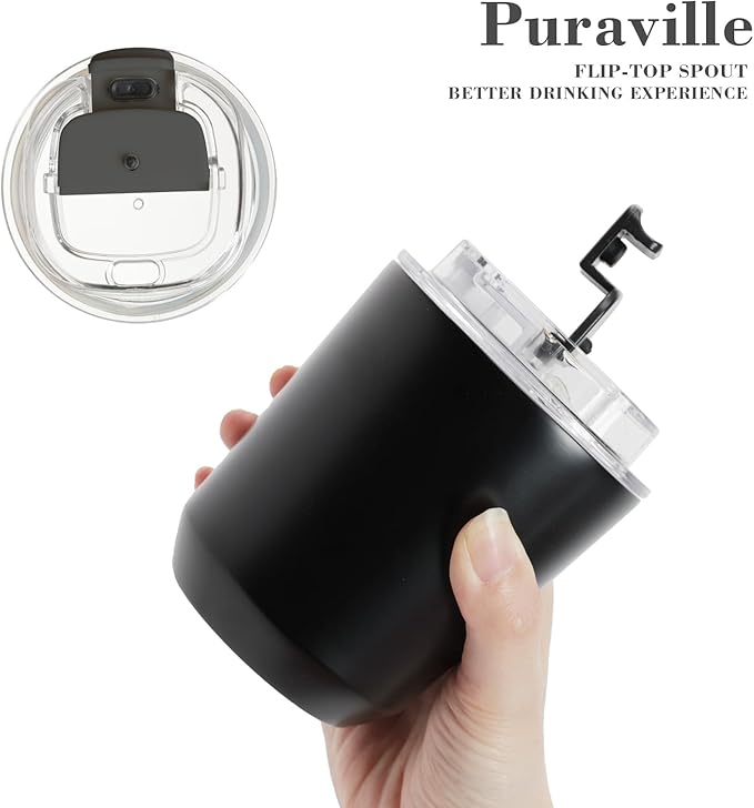 Puraville Insulated Tumblers with Lid, 10 oz Travel Coffee Mug Stainless Steel Vacuum Cup, Leak Proof Reusable Double Walled Coffee Tumbler for Iced and Hot Drinks, Black