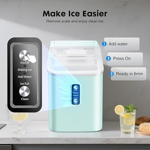 OLIXIS Nugget Ice Maker Countertop, Portable Ice Machine with 1.7L Water Tank, 26LBS/24H Fast Production, Auto-Cleaning & Quiet Operation, with Basket & Scoop, for Home Party Camping RV, Green