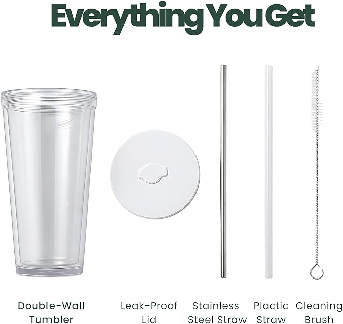 Kensal Home Reusable Iced Coffee Cup (16 Oz/Grande), Leak Proof and Double Wall Insulated Iced Coffee Tumbler, Come with Reusable Plastic and Metal Straws and Straw Cleaner - White