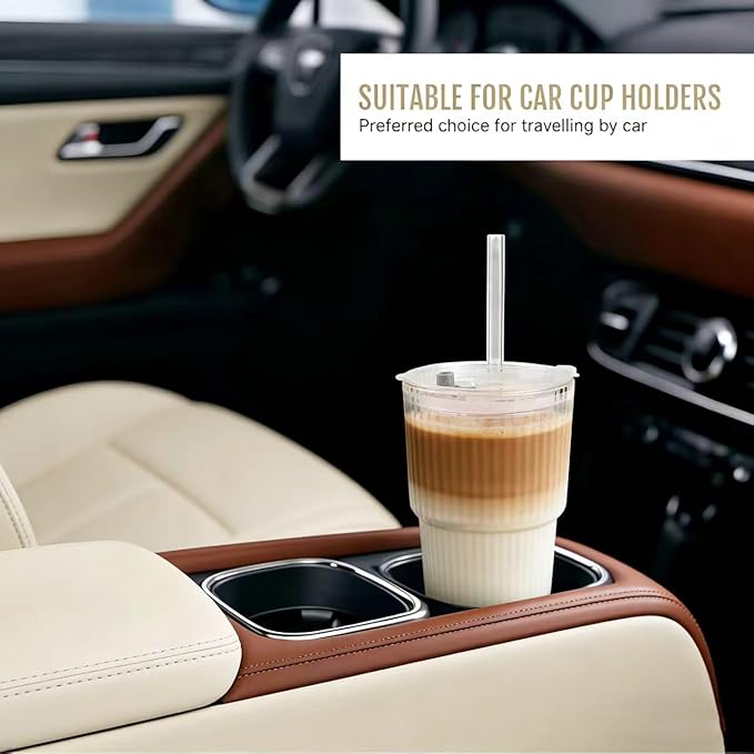 20oz Iced Coffee Cups with Lids,Coffee Bar Accessories, 2 Piece Ribbed Glass Cups with Lids and Straws, Vintage Glass Tumbler with Straw, Thicked Wall Drinking Glasses Ideal for Coffee