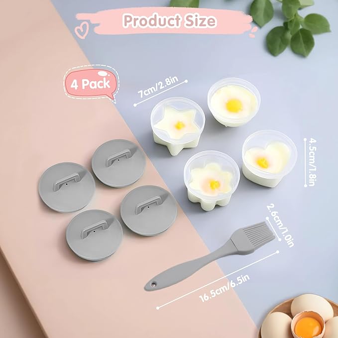 Egg Poacher Cups, 4 Pcs Poached Egg Cooker with Lid and Oil Brush Egg Coddler 4 Shapes Reusable Egg Molds, BPA Free Nonstick Egg Poaching Cups for Boiled Eggs Without Shell, Gray