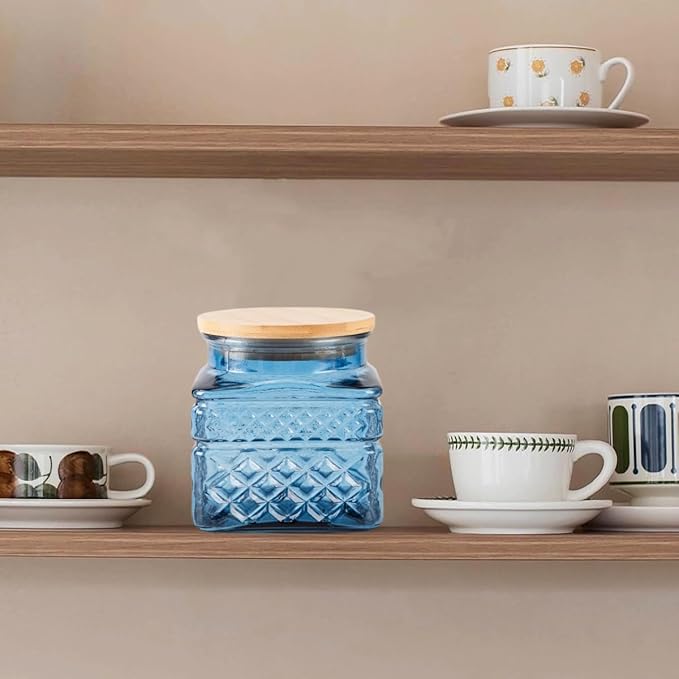 Glass Storage Canister with Airtight Lids, 20.3 FL OZ Thick Glass Candy Jar for Coffee Bean, Cocoa powder,Dog treats, Snacks Vintage Decorative Square Glass Jars for Coffee Bar Kitchen Party Counter