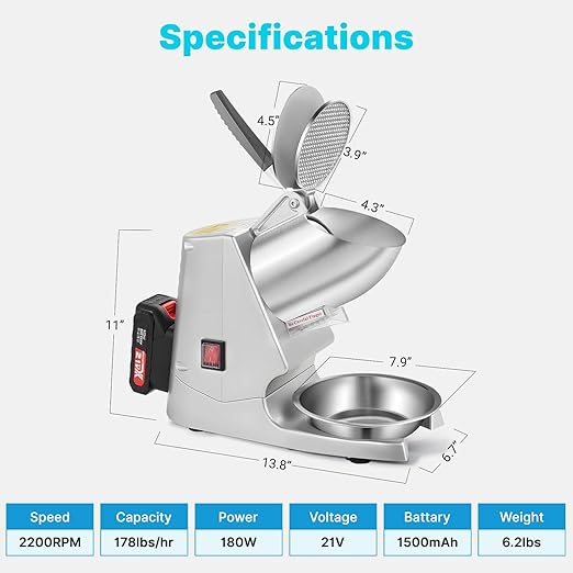 178Ibs/h Cordless Portable Ice Shaver Machine with Dual Blade, Single Battery &Ice Pick, 180W Battery Powered Ice Cusher Machine for Home Use &Outdoor (Backyard & Patio), Extra Blades, Silver