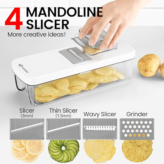 KEOUKE 8-in-1 Vertical Vegetable Chopper Mandoline Slicer with Container White - Safe Tap Out Dicer with Hand Guard for Kitchen Easy Food Prep, Onion Potato Veggie Fruit