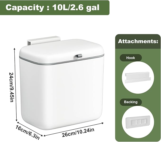 CTIME Compost Bin Kitchen 2.6 Gallon, Hanging Small Compost Bin for Countertop or Under Sink, Indoor Food Waste Bin for Kitchens Bathrooms Living Rooms RVs Bedroom