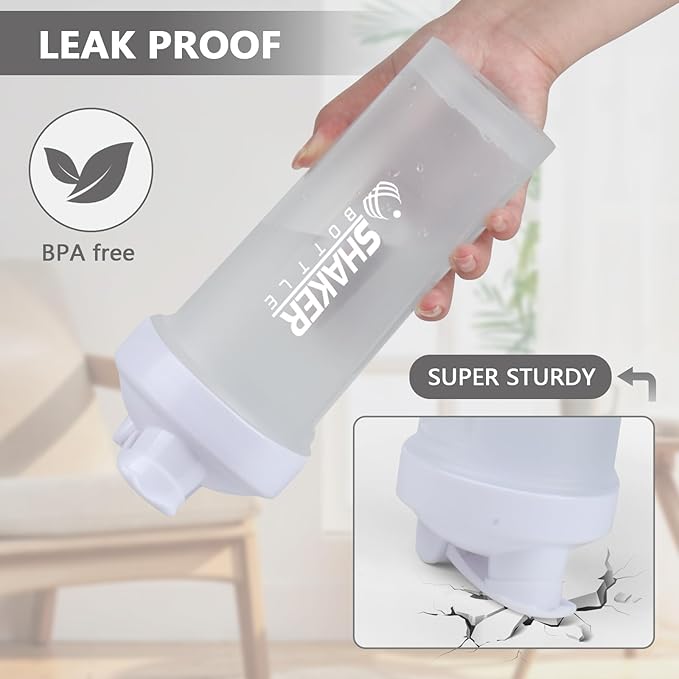 Protein Shaker Bottle 24oz- Leak- Proof GYM Shaker Cup with Handle and Mixing Ball Effortlessly Blend Drinks, Stay Hydrated During Workouts - BPA Free (WHITE)