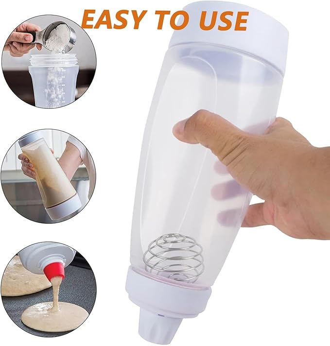 Pancake Batter Dispenser,Pancake Batter Dispenser Bottle with Whisk Ball, 1000ML Batter Mixer and Dispenser for Pancakes, Crepes, Waffle,Kitchen Baking Tool, 2 Pack