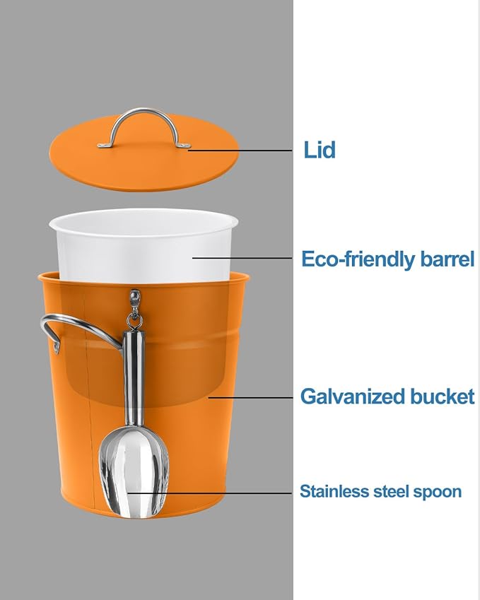3Qt Orange Galvanized Ice Bucket with Lid, Scoop & Handles - Ideal for Cocktails, Parties, BBQs, Wine & Champagne. Double-Layer Insulated Outer & Galvanized Inner Layer, Perfect for Home & Outdoor Use