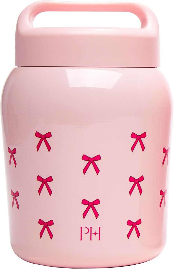 Paris Hilton Stainless Steel Food Jar, Double Wall Vacuum Sealed Insulated Food Storage Container with Carry Handle Lid, 24-Ounce, Pink with Bow Design
