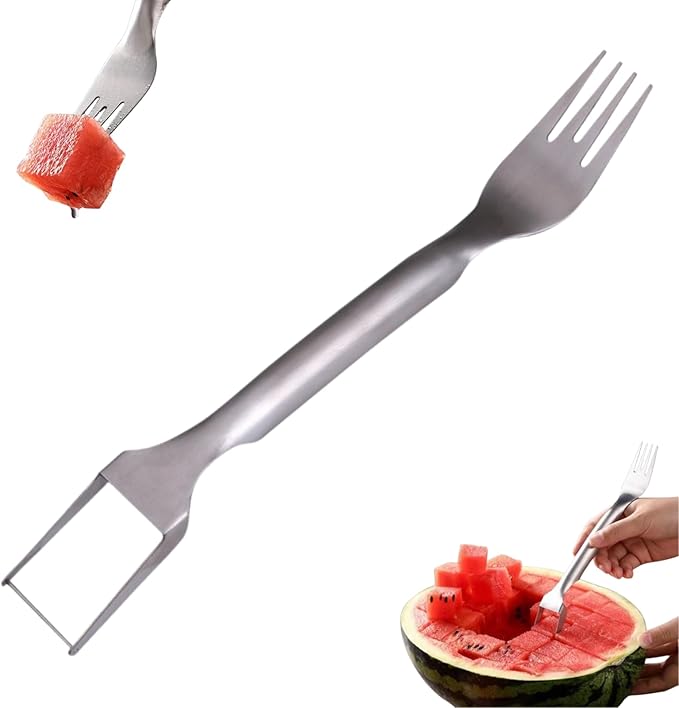 Watermelon Fork Slicer Cutter, 2-In-1 Stainless Steel Fruit Cutter, 2025 Upgrade Portable Melon Slicer Tool for Camping, Picnics, Home, Parties – Effortless Cubes & No Mess