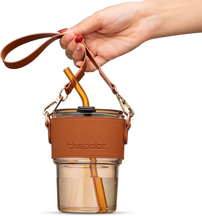 BLUEPOLAR 13 oz Tumbler Water Glass, Water Bottle with Straw and Dustproof Lid, Coffee Ice Cup Double Wall Insulated Glass Cup (Amber with Sleeve and Strap)