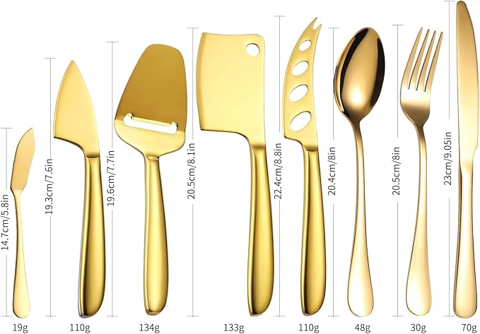 Gold Cheese Knives Silverware 8 Pieces include Dinning Knife Fork Spoon Stainless Steel Kitchen Cooking Gadget Tool Baking Utensils Multifunctional for Everyday Use and Parties