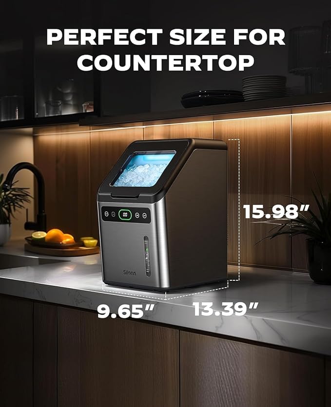Silonn Countertop Nugget Ice Maker, 44lbs/Day Soft Chewable Pebble Ice, One-Click Self-Cleaning, Compact Ice Machine for Home Kitchen Office Party, Stainless Steel